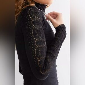 Free People Black Lace & Knit Mock Neck Long Sleeve Tee - Size XL NWT